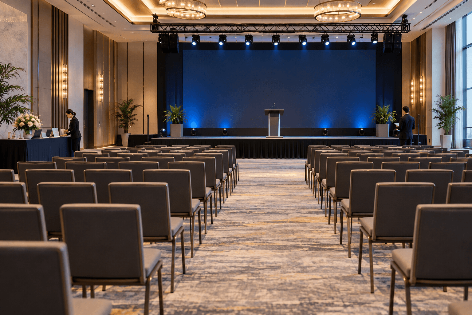 A corporate event venue prepared with a stage, podium, lighting and rows of guest seating